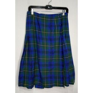 Vintage ALJEAN Women's Pleated Kilt Skirt 100% Wool Blue Green Size 12